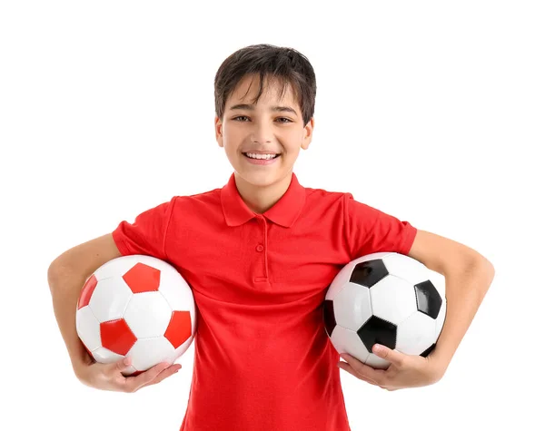 Malý Chlapec Fotbalovými Míčky Bílém Pozadí — Stock fotografie