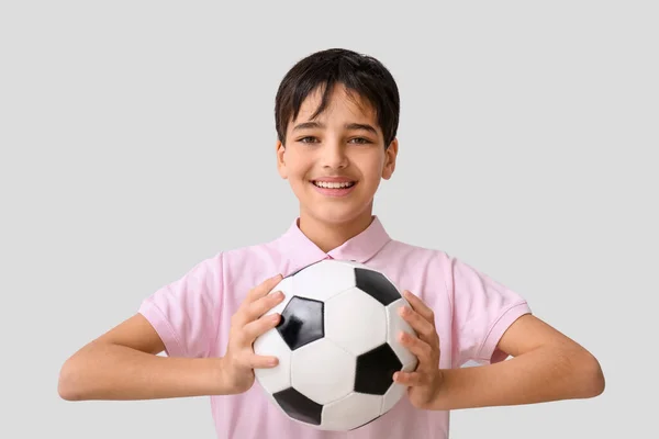 Little Boy Soccer Ball Grey Background — Stock Photo, Image