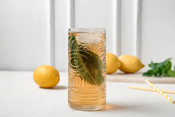 Glass Ice Tea Board Lemons White Background — Stock Photo, Image