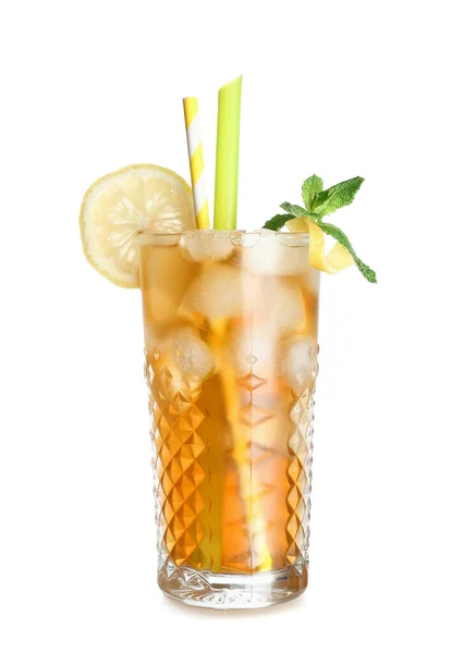 Glass Ice Tea Lemon Mint White Background — Stock Photo, Image