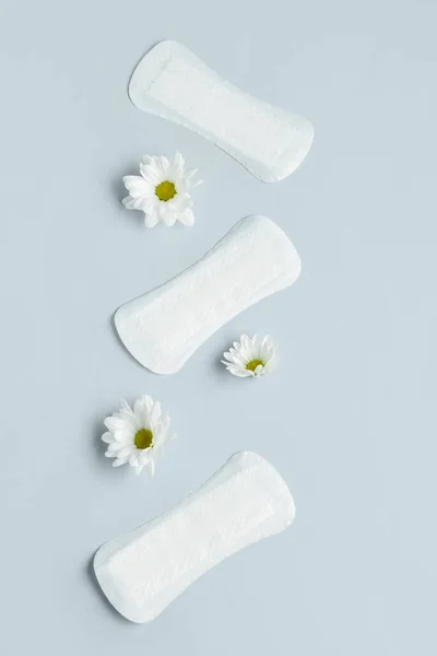 Composition Menstrual Pads Chamomile Flowers Grey Background — Stock Photo, Image