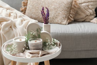 Oturma odasının içinde kanepe, çingene çiçekleri ve mumlar var. Yakın plan.