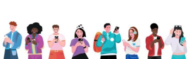 Beyaz arka planda cep telefonu olan bir grup genç.
