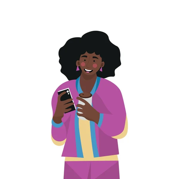 Beyaz Arka Planda Cep Telefonu Olan Genç Bir Afro Amerikalı — Stok Vektör