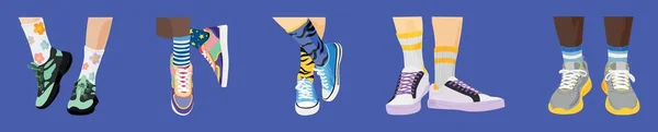 Ensemble Jambes Humaines Chaussures Chaussettes Élégantes Sur Fond Bleu — Image vectorielle