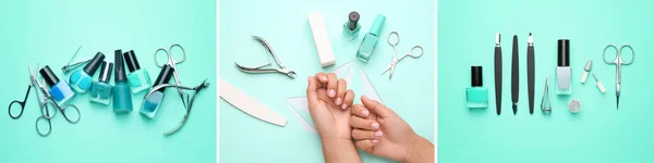 Collage Female Hands Supplies Manicure Turquoise Background — Stock Photo, Image