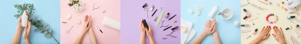 Collage Weiblicher Hände Mit Zubehör Für Maniküre Und Kosmetikprodukte Auf — Stockfoto