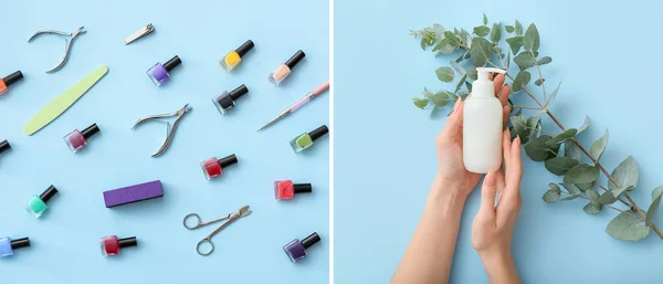 Collage Female Hands Supplies Manicure Cosmetic Cream Light Blue Background — Stock Photo, Image