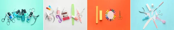 Collage Suministros Para Manicura Sobre Fondo Color —  Fotos de Stock