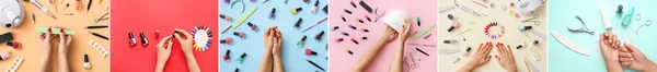 Collage Weiblicher Hände Mit Zubehör Für Maniküre Auf Farbigem Hintergrund — Stockfoto