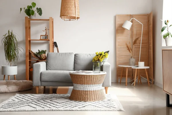 Interior Light Living Room Grey Sofa Shelving Unit Tables — Stock Photo, Image