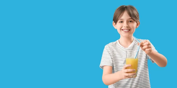Little Boy Glass Orange Juice Blue Background Space Text — Stock Photo, Image