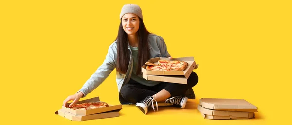 Young Woman Many Boxes Tasty Pizza Yellow Background — Stock Photo, Image