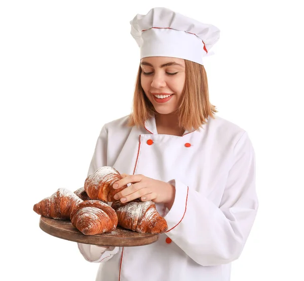 Női Pék Deszkával Ízletes Croissant Fehér Alapon — Stock Fotó