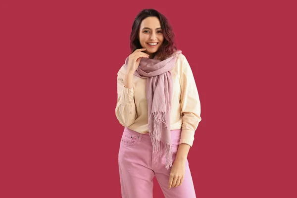 Stylish Young Woman Scarf Pink Background — Stock Photo, Image