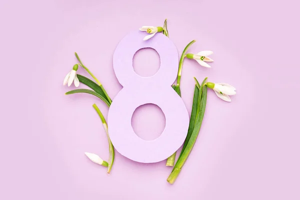 Beautiful Snowdrops Number Lilac Background — Stock Fotó