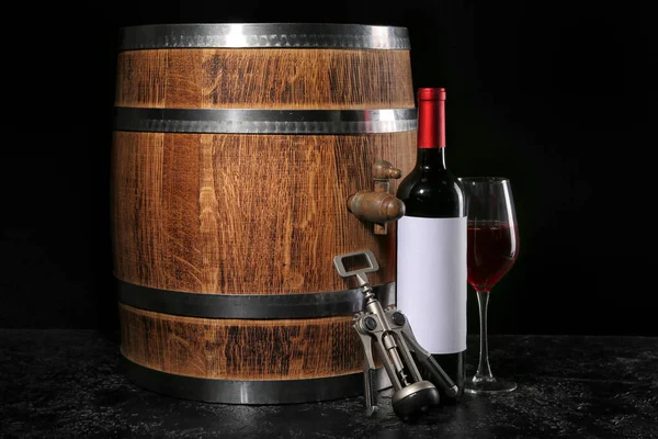 Wooden Barrel Corkscrew Bottle Glass Wine Dark Background — Stock Photo, Image
