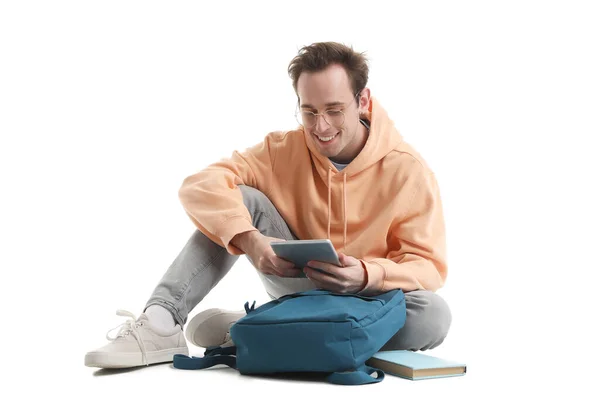 Male Student Backpack Tablet Computer White Background — Stock Photo, Image