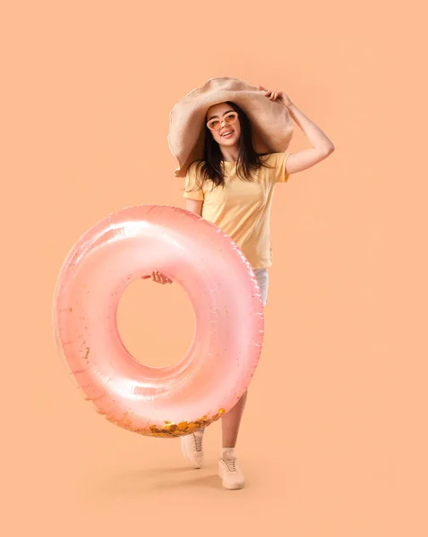 Young Woman Pink Inflatable Ring Beige Background — Stock Photo, Image