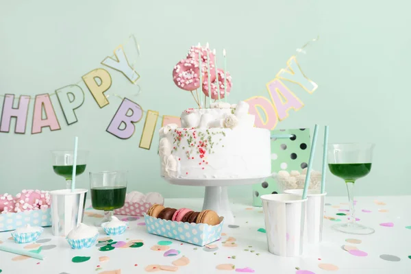 Birthday Cake Different Sweets Table Green Wall — Stock Photo, Image