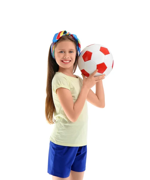 Beyaz Arka Plan Üzerinde Futbol Topu Ile Küçük Kız — Stok fotoğraf