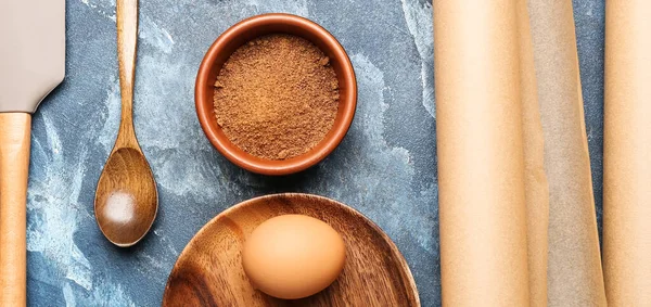 Rolls Baking Paper Egg Cinnamon Kitchen Utensils Grunge Background — Stock Photo, Image