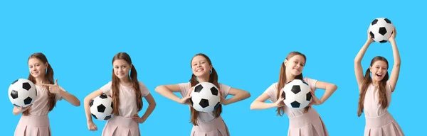 Conjunto Menina Com Bola Futebol Fundo Azul Claro — Fotografia de Stock