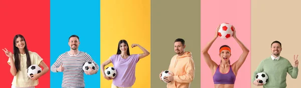 色の背景にサッカーボールを持つ人々のセット — ストック写真
