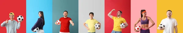 Zestaw Osób Piłką Nożną Kulki Tle Koloru — Zdjęcie stockowe