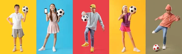 Set Van Kinderen Met Voetbal Ballen Kleur Achtergrond — Stockfoto