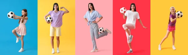 Uppsättning Människor Med Fotboll Bollar Färg Bakgrund — Stockfoto