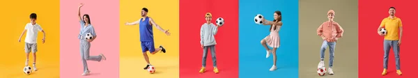 Set Med Olika Personer Med Fotboll Bollar Färg Bakgrund — Stockfoto