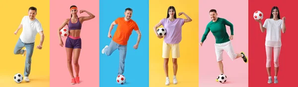 Set Persone Con Palloni Calcio Sfondo Colori — Foto Stock