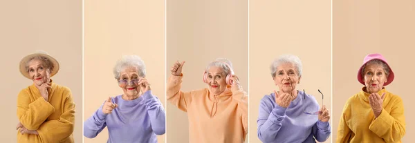 Collage Van Stijlvolle Senior Vrouw Beige Achtergrond — Stockfoto