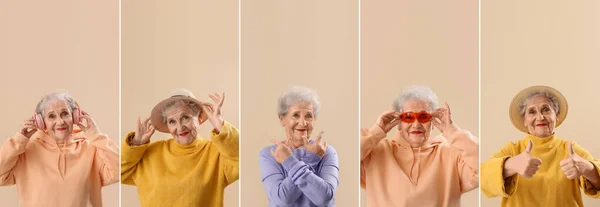 Collage Einer Stilvollen Seniorin Auf Beigem Hintergrund — Stockfoto