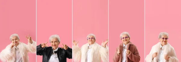 Колаж Стильної Старшої Жінки Рожевому Фоні — стокове фото