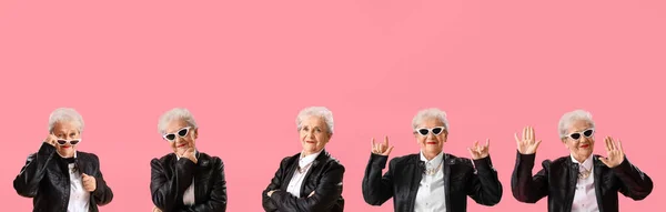 Collage Van Stijlvolle Senior Vrouw Lederen Jas Roze Achtergrond — Stockfoto