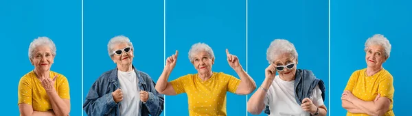 Kolaż Stylowej Seniorki Jasnoniebieskim Tle — Zdjęcie stockowe