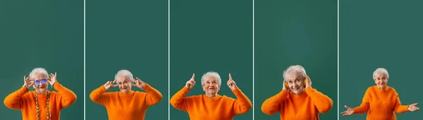 Collage Snygga Senior Kvinna Grön Bakgrund — Stockfoto