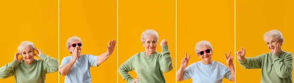 Collage Van Mooie Senior Vrouw Gele Achtergrond — Stockfoto