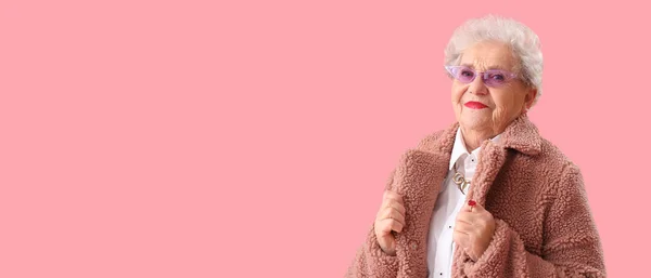 Stylish Senior Woman Teddy Coat Pink Background Space Text — Stock Photo, Image