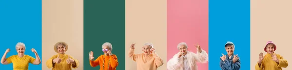 Collage Von Stilvollen Seniorin Auf Farbigem Hintergrund — Stockfoto