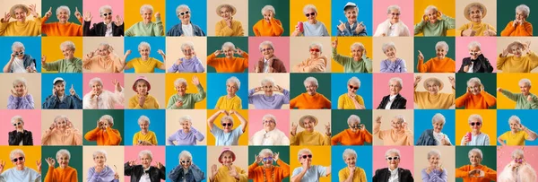 Grote Collage Van Stijlvolle Senior Vrouw Kleur Achtergrond — Stockfoto