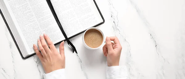 Female Hands Holy Bible Cup Coffee Light Background Space Text — Stock Photo, Image