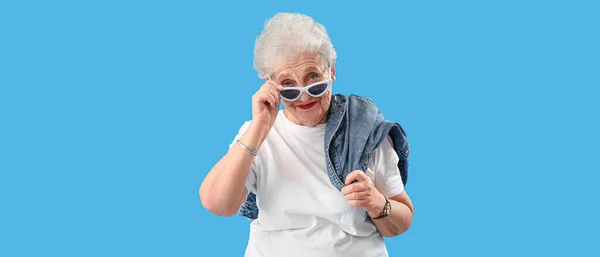 Stylish Senior Woman Light Blue Background — Stock Photo, Image