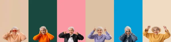 Kolaż Stylowej Seniorki Tle Koloru — Zdjęcie stockowe