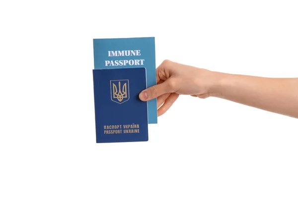 Mulher Com Passaportes Ucranianos Imunes Fundo Branco — Fotografia de Stock