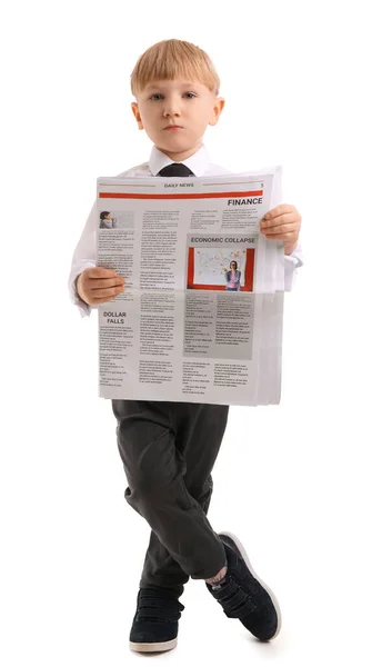 Funny Little Businessman Reading Newspaper White Background — Stock Photo, Image