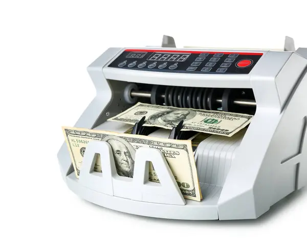 Beyaz Arka Planda Dolar Banknotları Olan Modern Para Sayma Makinesi — Stok fotoğraf