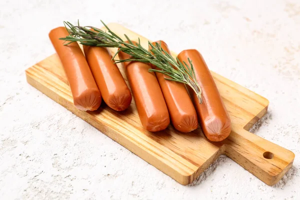 Wooden Board Tasty Sausages Light Background — Stock Photo, Image